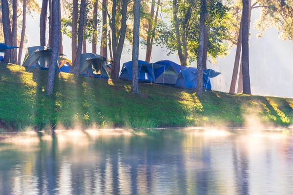 Äventyr Camping Och Camping Morgonen Med Lättare Dimma Pang Ung — Stockfoto