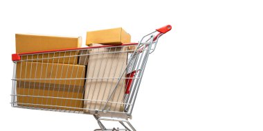 Alışveriş sepeti beyaz arka plan üzerinde izole kutuları alışveriş tam