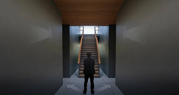 Businessman Standing Arrow Black Wall Staircase Concept Achieving Your Success — Stock Photo, Image