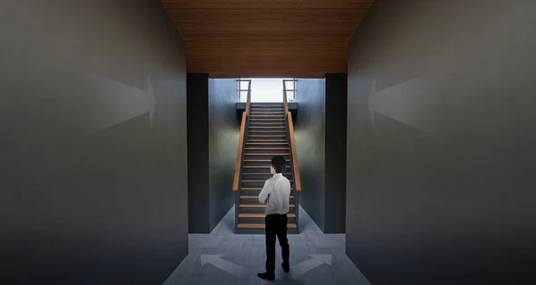 Businessman Standing Arrow Black Wall Staircase Concept Achieving Your Success — Stock Photo, Image