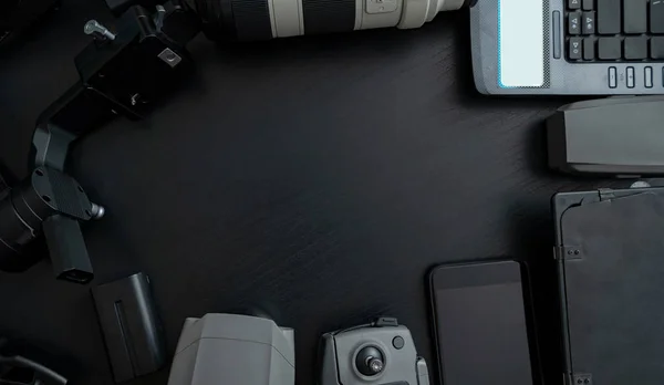 Vue Dessus Des Outils Photographe Professionnel Vidéo Avec Accessoire Caméra — Photo