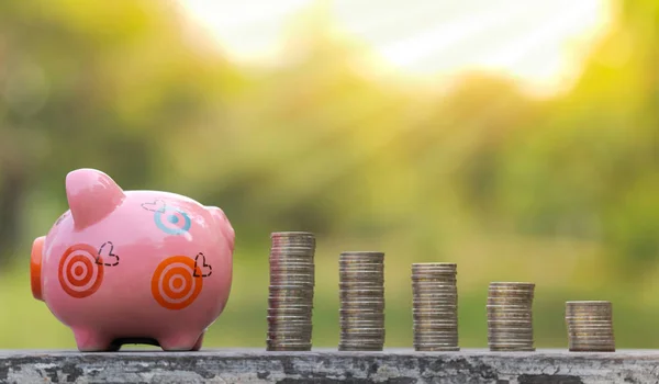 The concept of saving money, Piggy bank and coins over blurred g — Stock Photo, Image