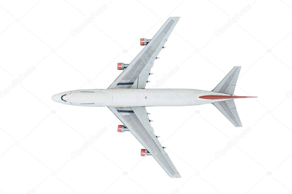 Aerial top view of Airplane isolated on white background with cl
