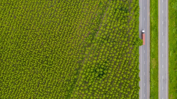 Luchtfoto van auto's en vrachtwagens op asfalt weg passeert th — Stockfoto