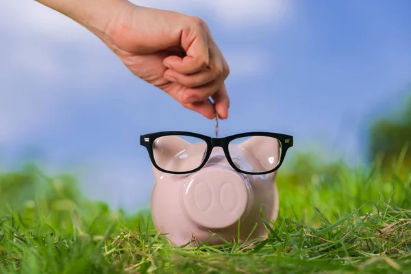 Hucha rosa con gafas en la hierba y la mano poniendo en una moneda —  Fotos de Stock