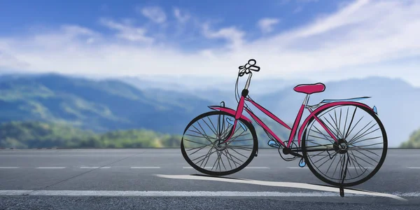 Ręcznie rysowany rower ilustracja i piękne niebo górskie ziemie — Zdjęcie stockowe