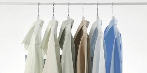 Close Men Dress Shirts Clothes Hangers White Background — Stok Foto