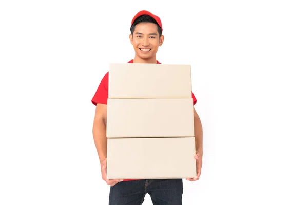 Smiling Delivery Man Employee Red Cap Blank Shirt Uniform Standing — Stock Photo, Image