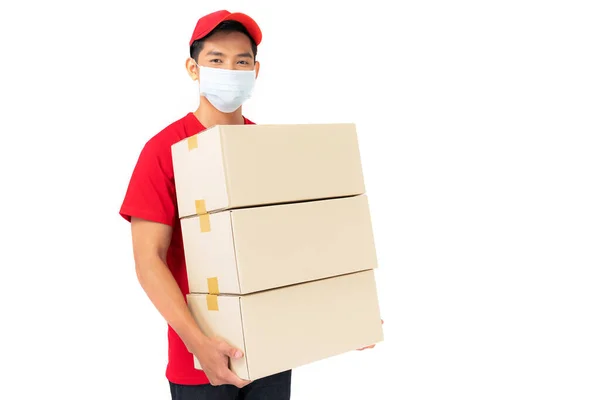 Smiling Delivery Man Employee Red Cap Blank Shirt Uniform Standing — Stock Photo, Image