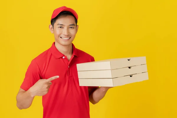 Smiling Delivery Man Employee Red Cap Blank Shirt Uniform Standing — Stock Photo, Image