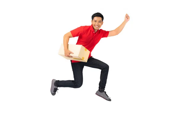 Usmívající Doručovatel Zaměstnanec Prázdné Tričko Uniforma Jumping Balíkem Poštovní Schránka — Stock fotografie