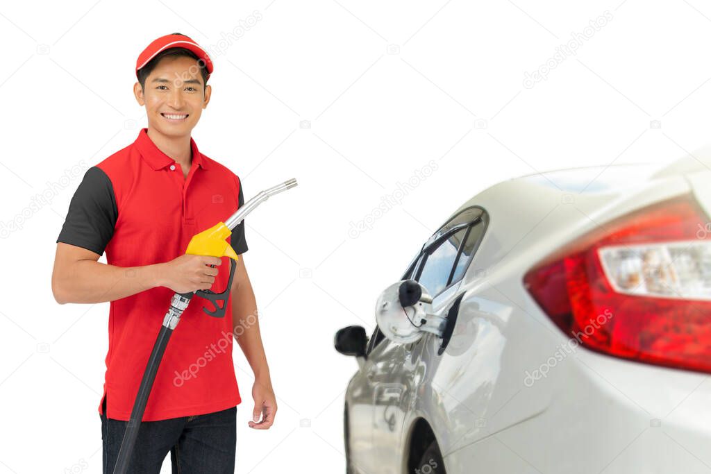 Portrait of Gas station worker and service isolated on white background