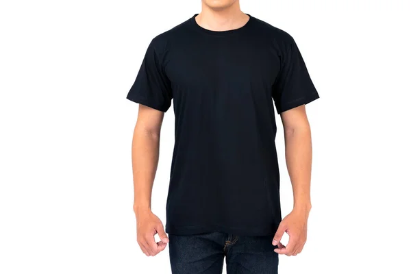 Shirt Design Jovem Homem Shirt Preta Isolado Fundo Branco — Fotografia de Stock