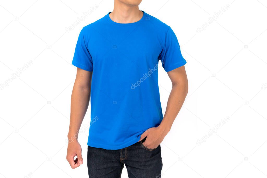 T-shirt design, Young man in blue t-shirt isolated on white background