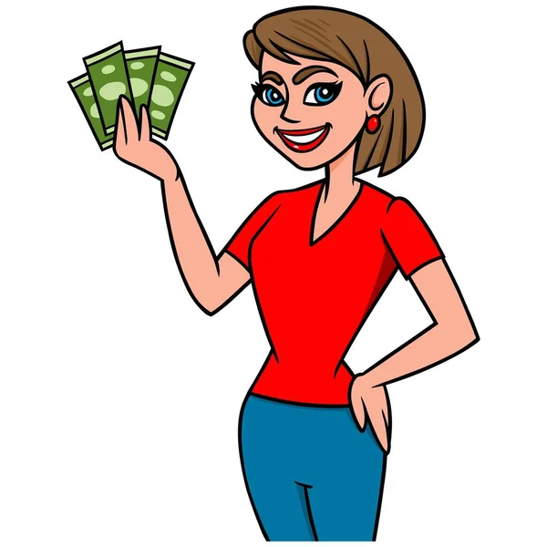 Money Saving Mom Векторная Иллюстрация Женщины Держащей Деньги — стоковый вектор