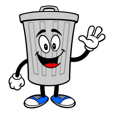 Çöp Can maskot dalgalanan - alüminyum çöp kutusu maskot sallayarak bir vektör karikatür çizim.