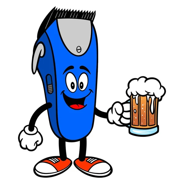 Elektrische Hair Clipper Mascotte Met Een Bier Een Vectorillustratie Cartoon — Stockvector