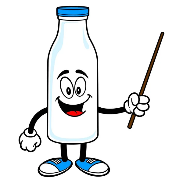 ポインター付きのミルクマスコット ポインタスティックを保持しているミルクマスコットのベクトル漫画のイラスト — ストックベクタ