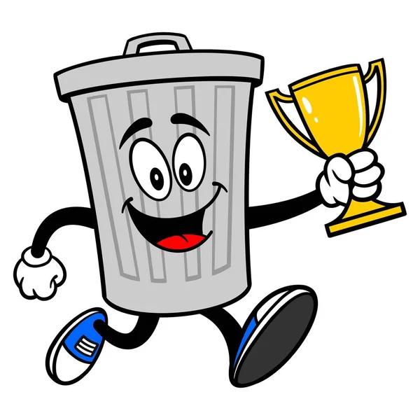 Trash Can Mascot Running Trophy Vector Cartoon Illustration Aluminum Trash — Stock Vector