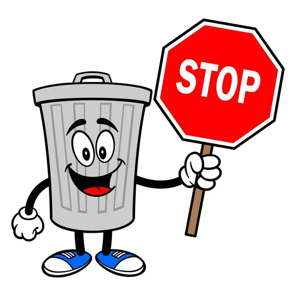 垃圾桶吉祥物与停止标志 一个铝垃圾桶的矢量卡通插图拿着一个停止标志 — 图库矢量图片
