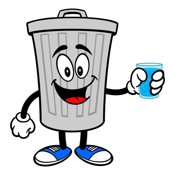 Trash Can Mascota Con Vaso Agua Vector Dibujos Animados Ilustración — Vector de stock