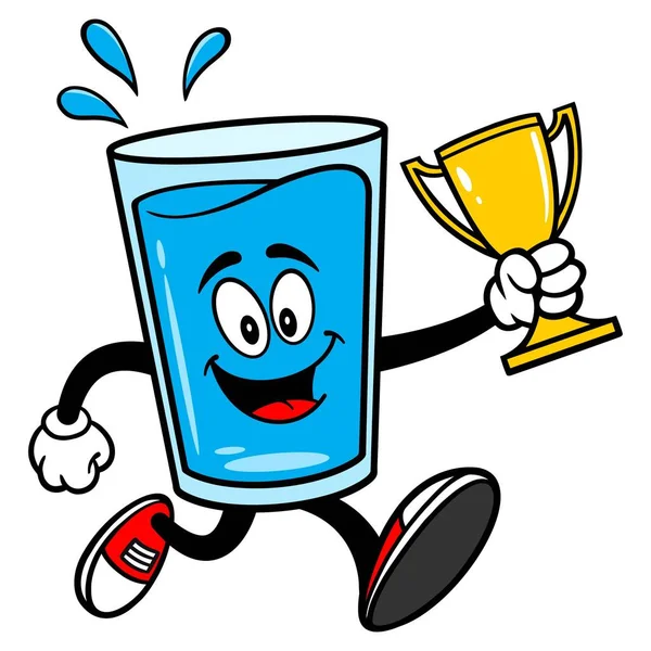 Water Mascotte Running Met Een Trofee Een Vector Cartoon Illustratie — Stockvector