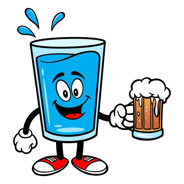 Mascotte Acqua Con Una Birra Cartone Animato Vettoriale Illustrazione Bicchiere — Vettoriale Stock