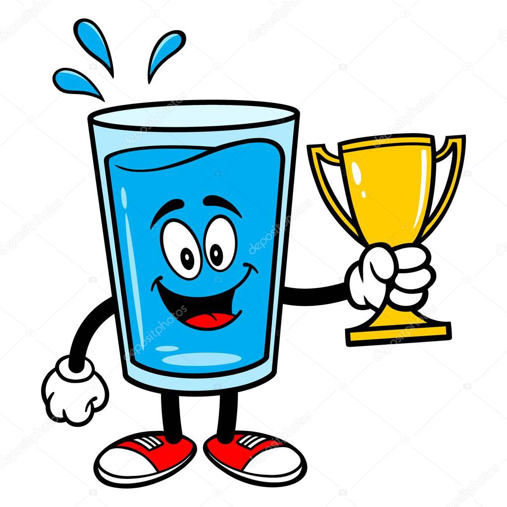 Water Mascot with a Trophy - A vector cartoon illustration of a glass of Water mascot holding a Trophy.