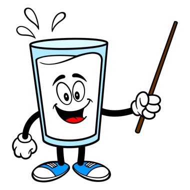 Bir Pointer ile Süt Maskotu - Bir Pointer sopa tutan Süt maskotu bir bardak bir vektör karikatür illüstrasyon.