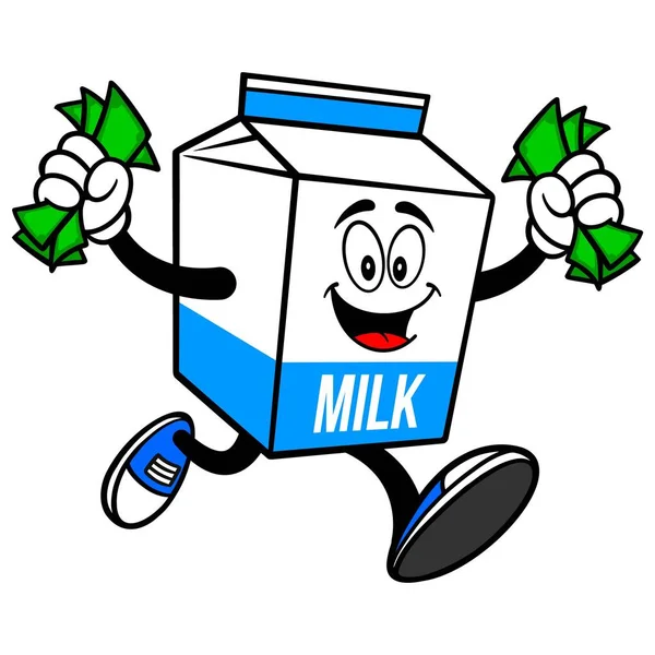 Mjölk Kartong Maskot Kör Med Pengar Tecknad Illustration Mjölk Kartong — Stock vektor