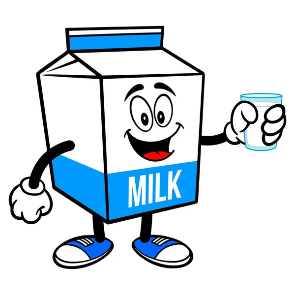 Milchkartonmaskottchen Mit Einem Glas Milch Eine Cartoon Illustration Eines Milchkartonmaskottchens — Stockvektor