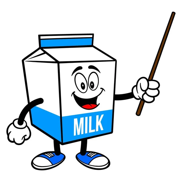 Milchkartonmaskottchen Mit Pointer Stick Eine Zeichentrickdarstellung Eines Milchkartonmaskottchens — Stockvektor
