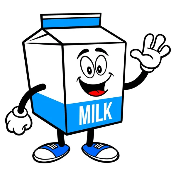 Milchkartonmaskottchen Winkt Eine Cartoon Illustration Eines Milchkartonmaskottchens — Stockvektor