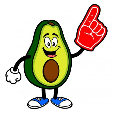 Köpük El ile Avokado Maskotu - sevimli bir Avokado maskotu bir karikatür illüstrasyon.
