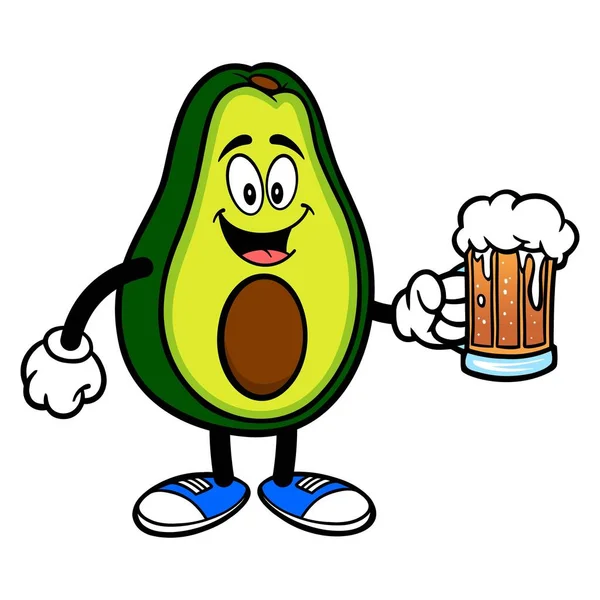 Mascotte Avocado Con Una Birra Cartone Animato Illustrazione Una Simpatica — Vettoriale Stock