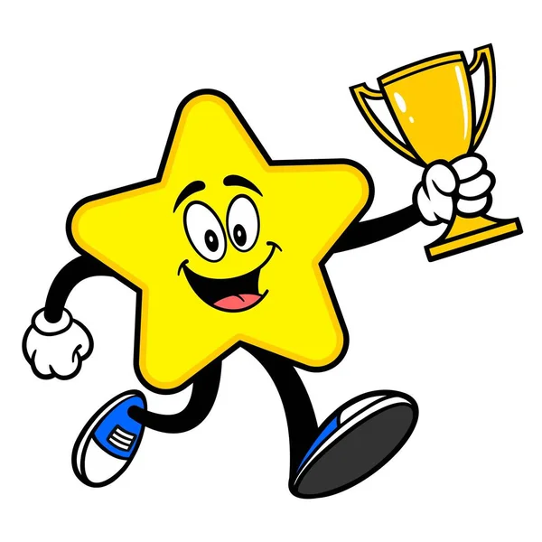 Mascota Estrella Corriendo Con Trofeo Una Ilustración Dibujos Animados Una — Vector de stock