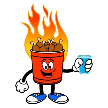 Su bir bardak sıcak kanat kova maskot - yanan bir Hot Wing Bucket Maskot bir karikatür illüstrasyon.