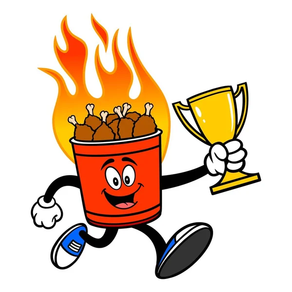 Hot Wing Bucket Mascot Running Trophy Cartoon Illustration Flaming Hot — Stock Vector