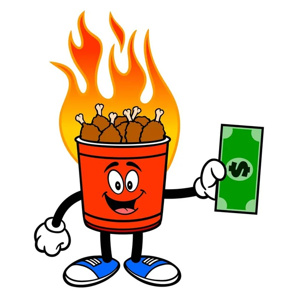 Hot Wing Bucket Mascot Dollar Cartoon Illustration Flaming Hot Wing — Stock Vector