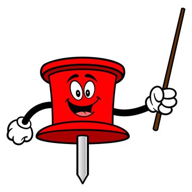 Bir Pointer Stick ile Pin Maskot Push - bir ofis Push Pin maskotu bir vektör karikatür illüstrasyon.