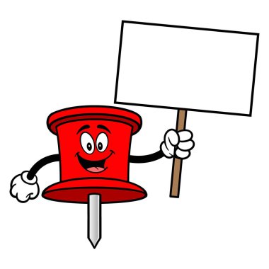 Bir İşaret ile Pin Maskot Push - bir ofis Push Pin maskotu bir vektör karikatür illüstrasyon.