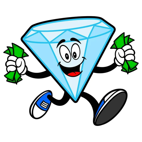 Diamond Mascotte Rennen Met Geld Een Cartoon Illustratie Van Een — Stockvector