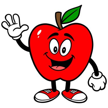 Apple Waving - Bir karikatür İllüstrasyon Bir Apple Maskotu.