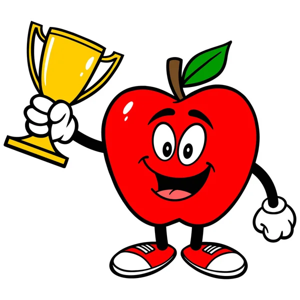 Bir Trophy Ile Apple Bir Karikatür Llüstrasyon Apple Maskotu — Stok Vektör