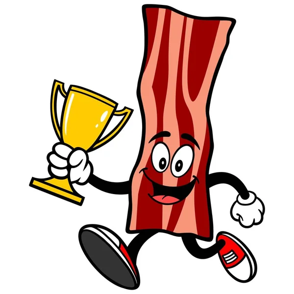 Bacon Strip Running Met Een Trofee Een Cartoon Illustratie Van — Stockvector