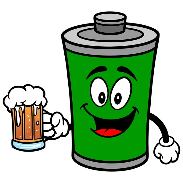 Battery Mug Beer Cartoon Illustration Battery Mascot — Stock Vector