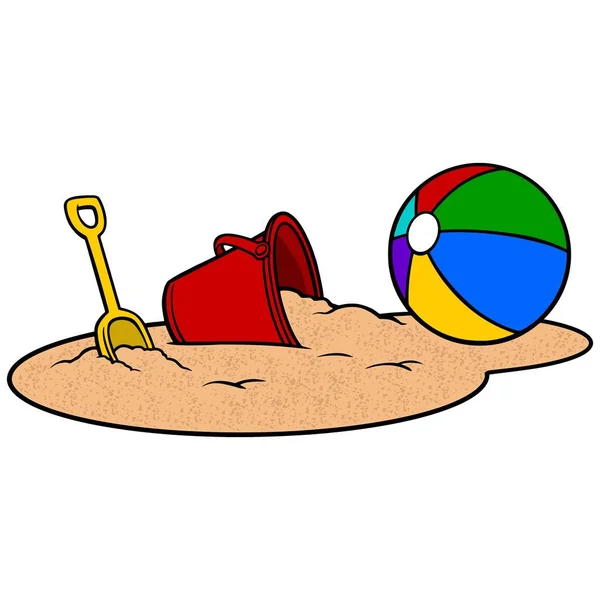 Παραλία Μπάλα Και Άμμου Κουβά Ένα Καρτούν Απεικόνιση Μιας Μπάλας — Διανυσματικό Αρχείο