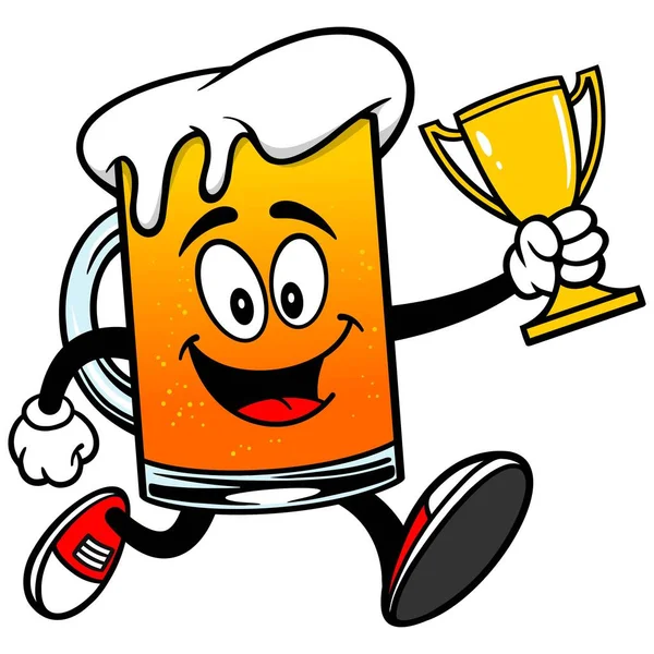 Bier Mascotte Running Met Een Trofee Een Cartoon Illustratie Van — Stockvector