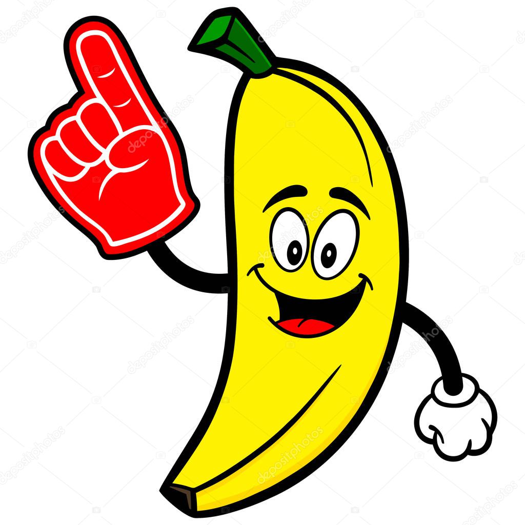 Banana with a Foam Hand - A cartoon Illustration of a Banana Mascot.