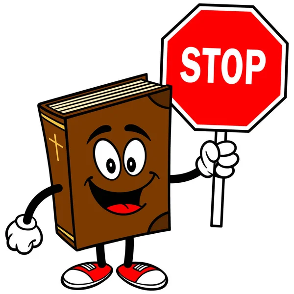 Bijbel School Mascotte Met Een Stop Teken Een Cartoon Illustratie — Stockvector